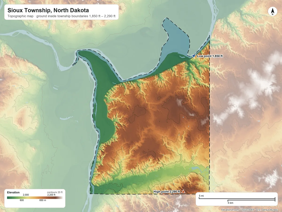 Topographic elevation map of Sioux Township, North Dakota, shaded from 1,850 ft on the northeast side to 2,290 ft on the southeast edge, below higher ground just outside