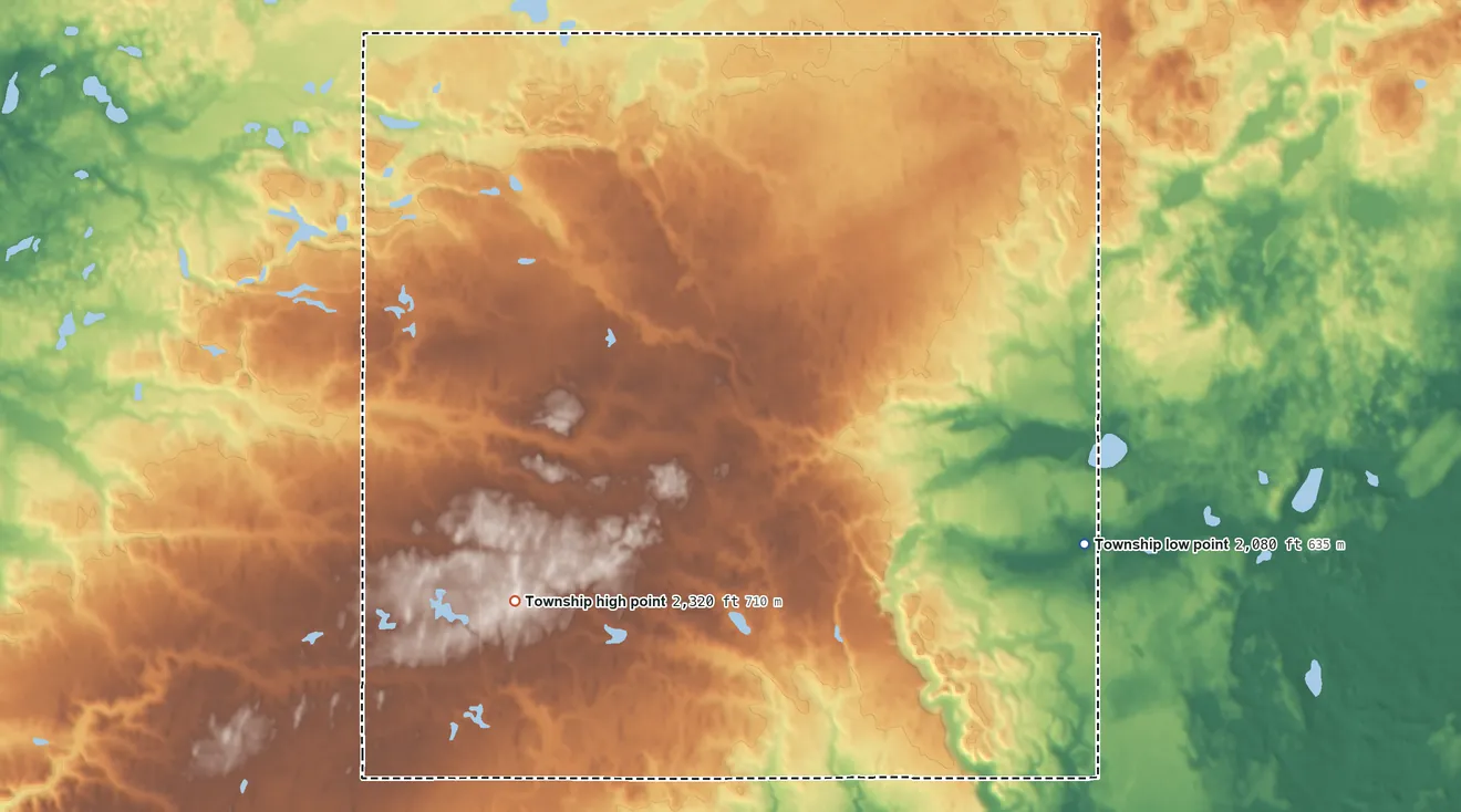 Topographic elevation map of Sioux Trail Township, North Dakota, shaded from 2,080 ft on the east side to 2,320 ft on the west side