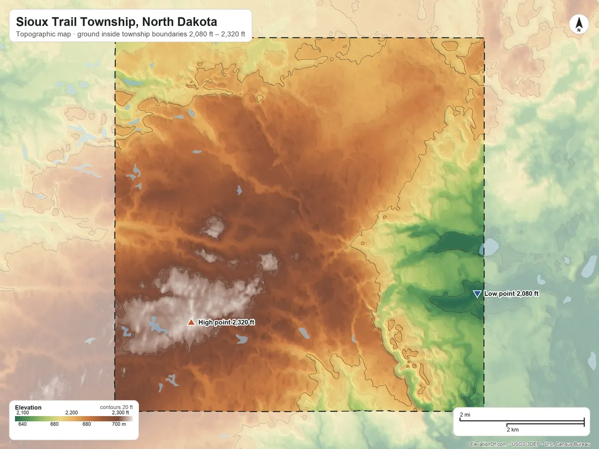 Topographic elevation map of Sioux Trail Township, North Dakota, shaded from 2,080 ft on the east side to 2,320 ft on the west side