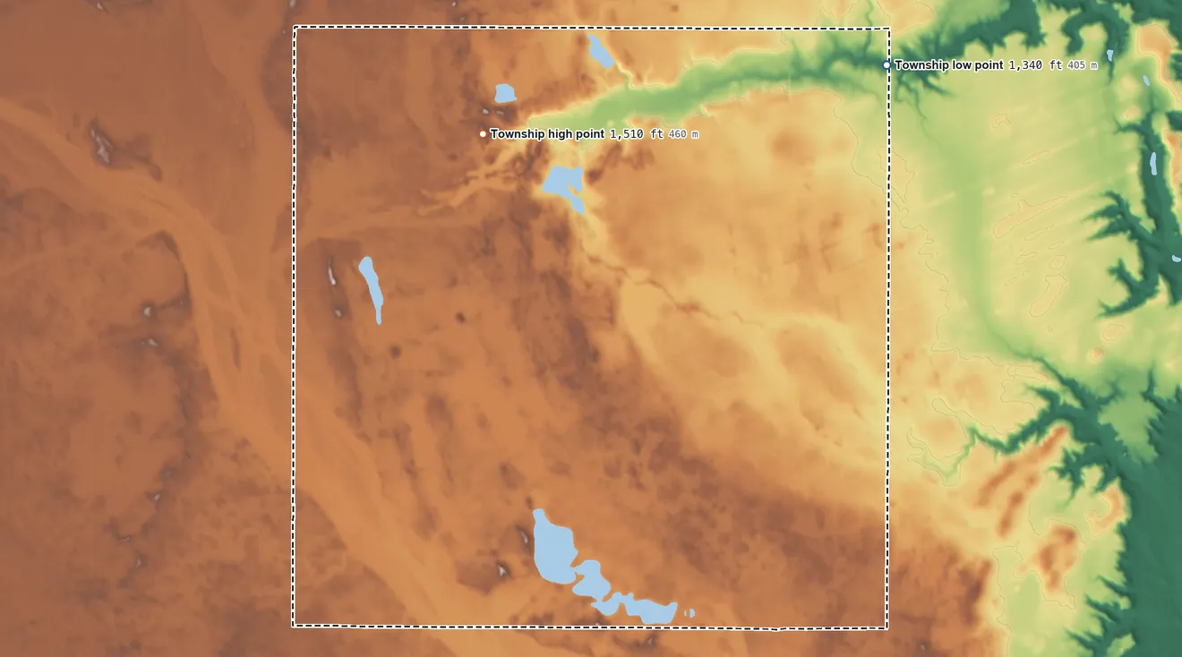 Topographic elevation map of Skandia Township, North Dakota, shaded from 1,340 ft on the northeast side to 1,510 ft on the northwest side