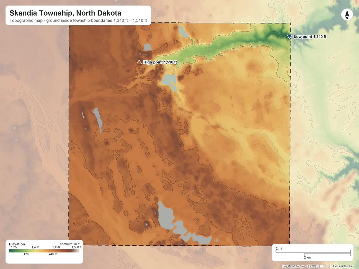 Topographic elevation map of Skandia Township, North Dakota, shaded from 1,340 ft on the northeast side to 1,510 ft on the northwest side