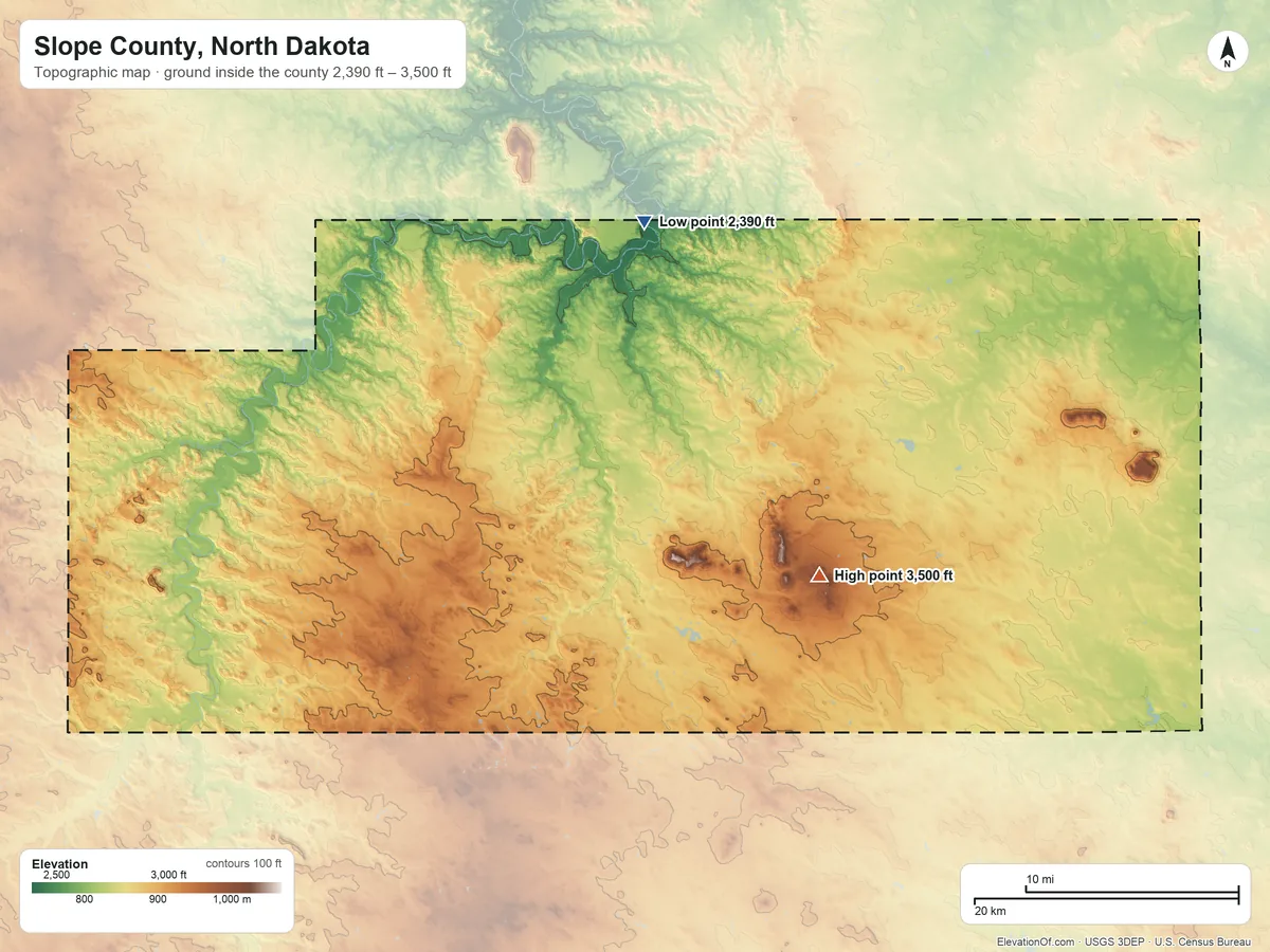 Topographic elevation map of Slope County, North Dakota, shaded from 2,390 ft on the north side to 3,500 ft on White Butte
