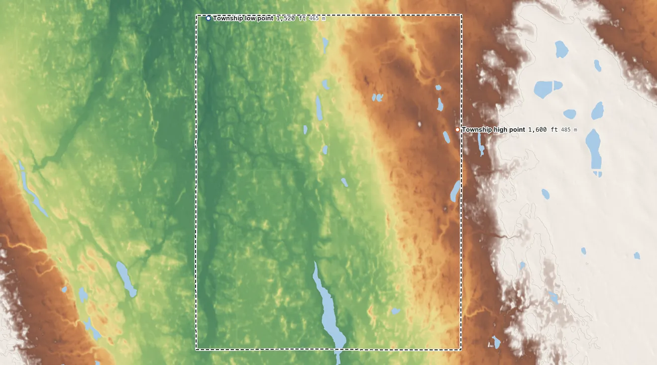 Topographic elevation map of Smith Township, North Dakota, shaded from 1,520 ft on the northwest side to 1,600 ft on the northeast side