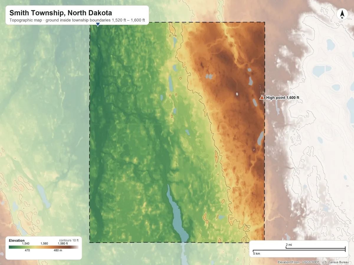 Topographic elevation map of Smith Township, North Dakota, shaded from 1,520 ft on the northwest side to 1,600 ft on the northeast side