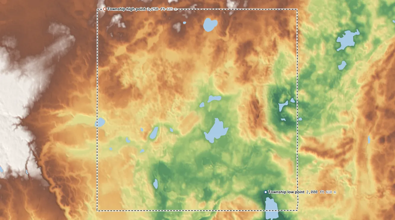 Topographic elevation map of Smoky Butte Township, North Dakota, shaded from 2,000 ft on the south side to 2,250 ft on the northwest side