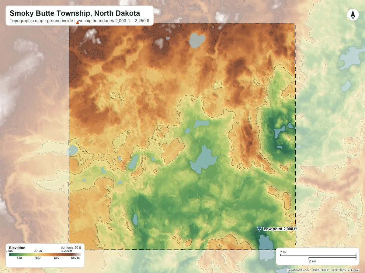 Topographic elevation map of Smoky Butte Township, North Dakota, shaded from 2,000 ft on the south side to 2,250 ft on the northwest side