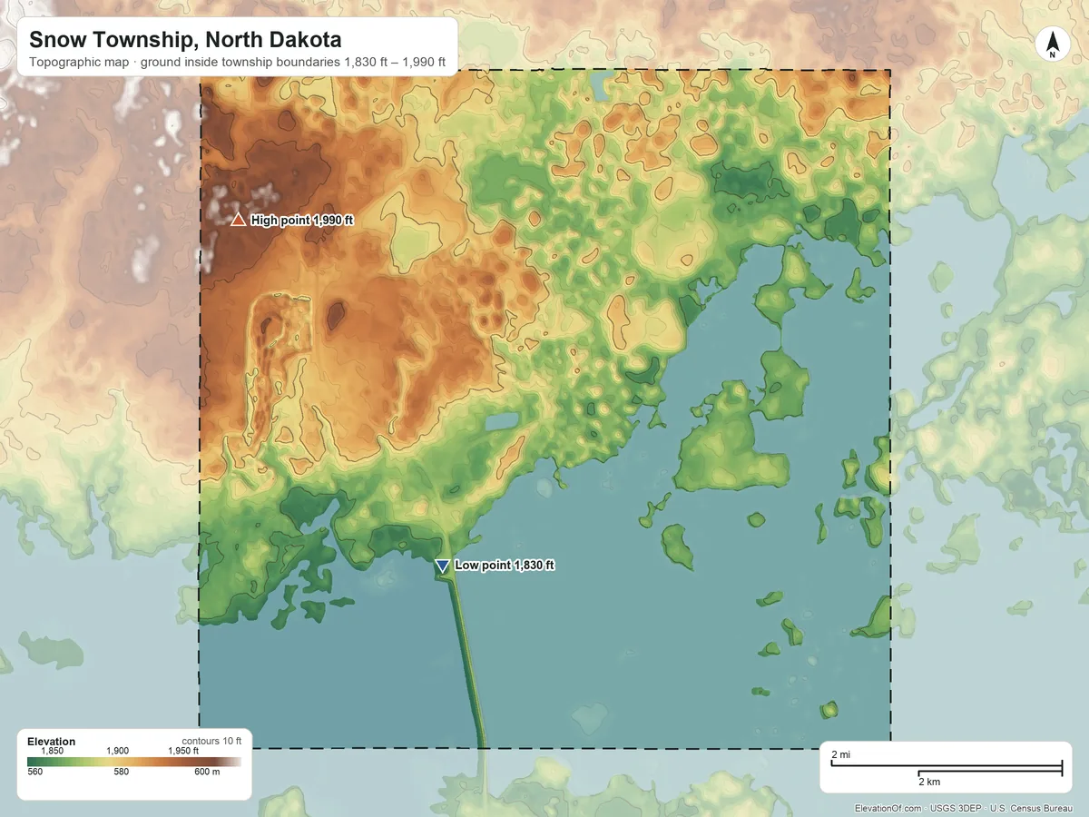 Topographic elevation map of Snow Township, North Dakota, shaded from 1,830 ft on the southwest side to 1,990 ft on the west side