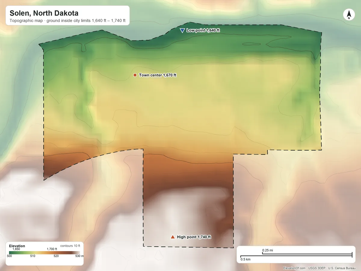 Topographic elevation map of Solen, North Dakota, shaded from 1,640 ft on the northeast side to 1,740 ft on the south side