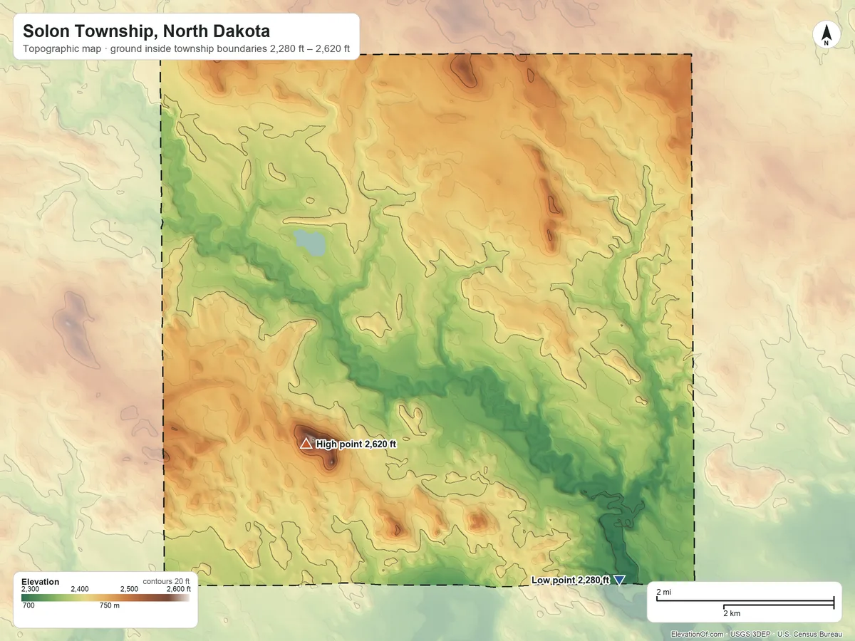 Topographic elevation map of Solon Township, North Dakota, shaded from 2,280 ft on the southeast side to 2,620 ft on the southwest side
