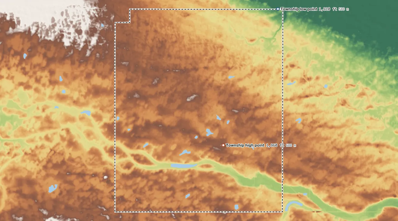 Topographic elevation map of Soo Township, North Dakota, shaded from 1,910 ft on the north side to 1,960 ft near the middle