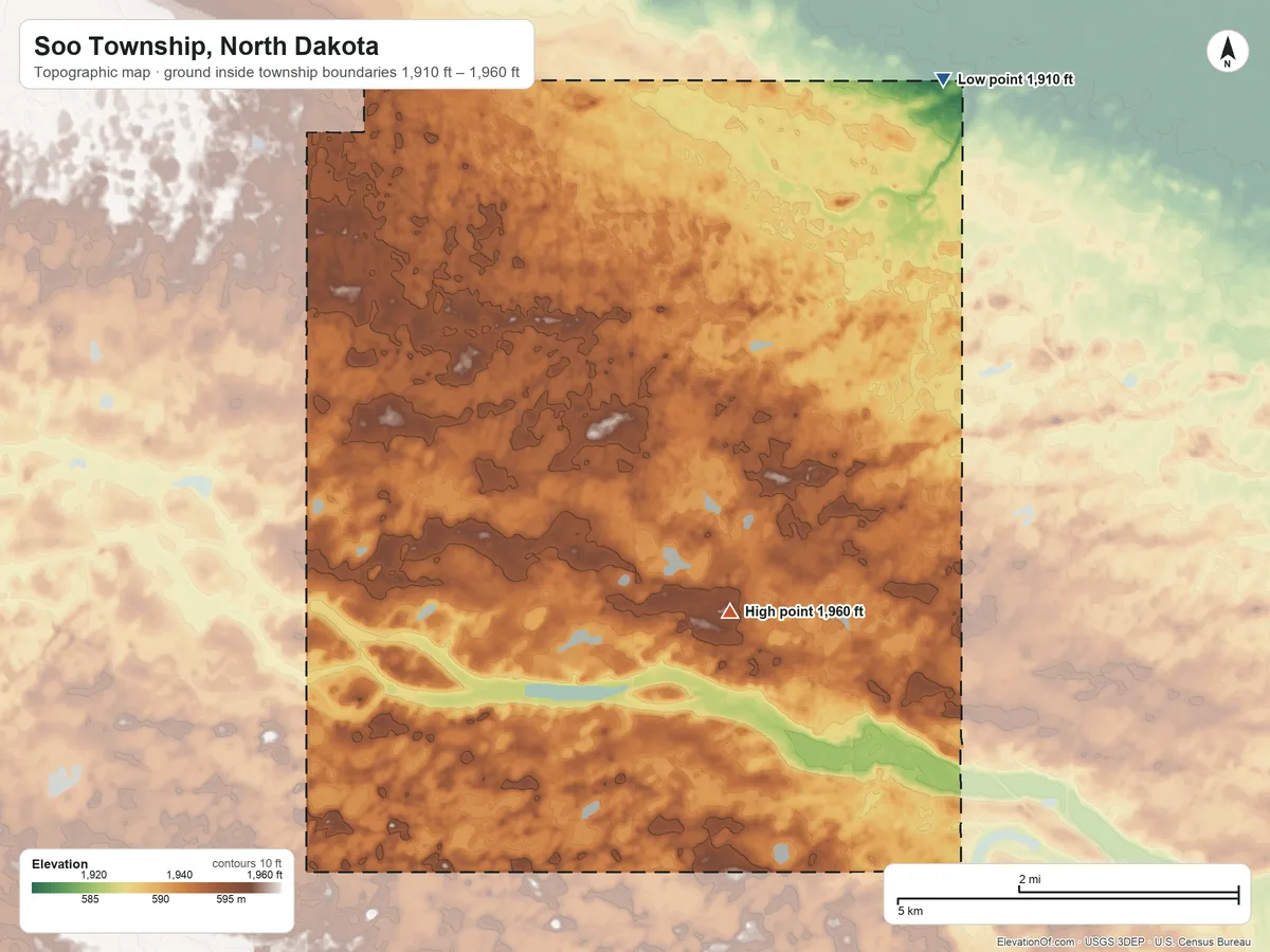 Topographic elevation map of Soo Township, North Dakota, shaded from 1,910 ft on the north side to 1,960 ft near the middle