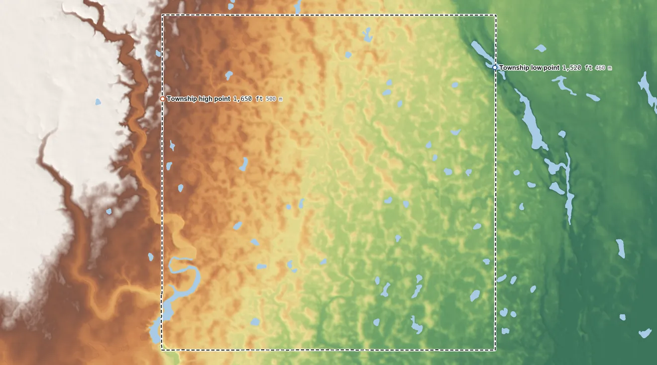 Topographic elevation map of Sorenson Township, North Dakota, shaded from 1,520 ft on the northeast side to 1,650 ft on the northwest side