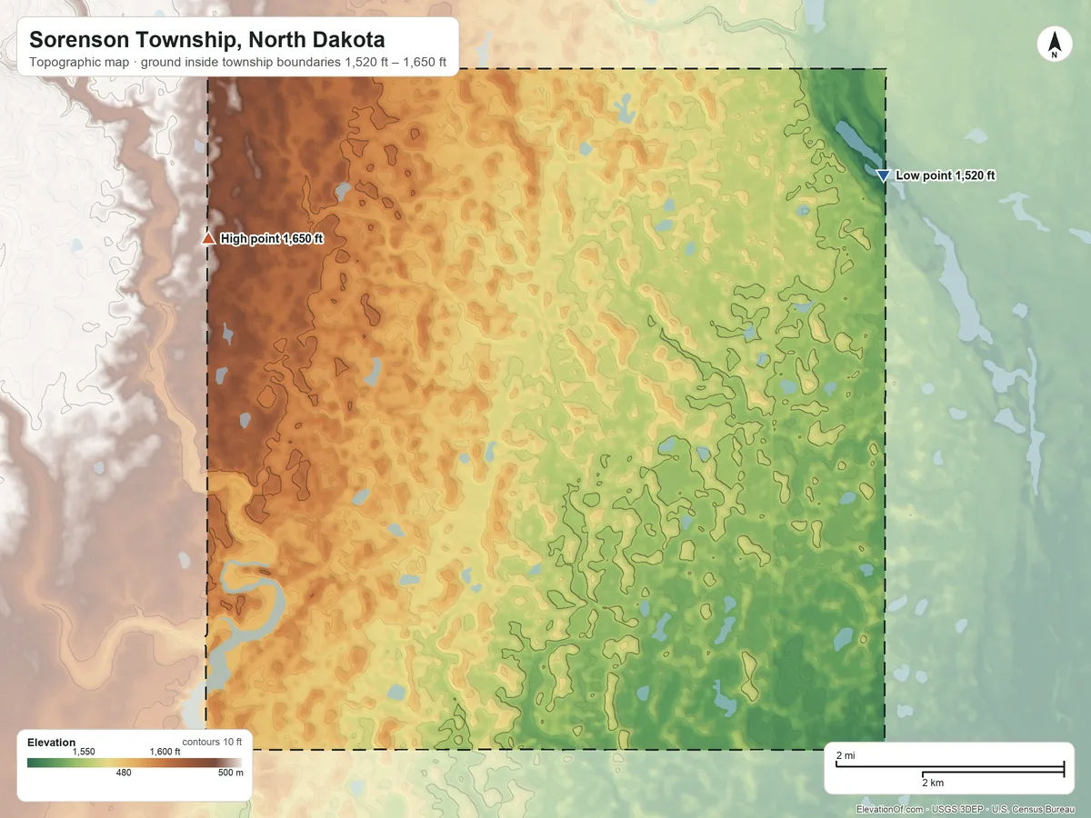 Topographic elevation map of Sorenson Township, North Dakota, shaded from 1,520 ft on the northeast side to 1,650 ft on the northwest side