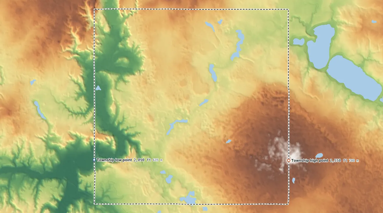 Topographic elevation map of Sorkness Township, North Dakota, shaded from 2,090 ft on the southwest side to 2,550 ft on the southeast side