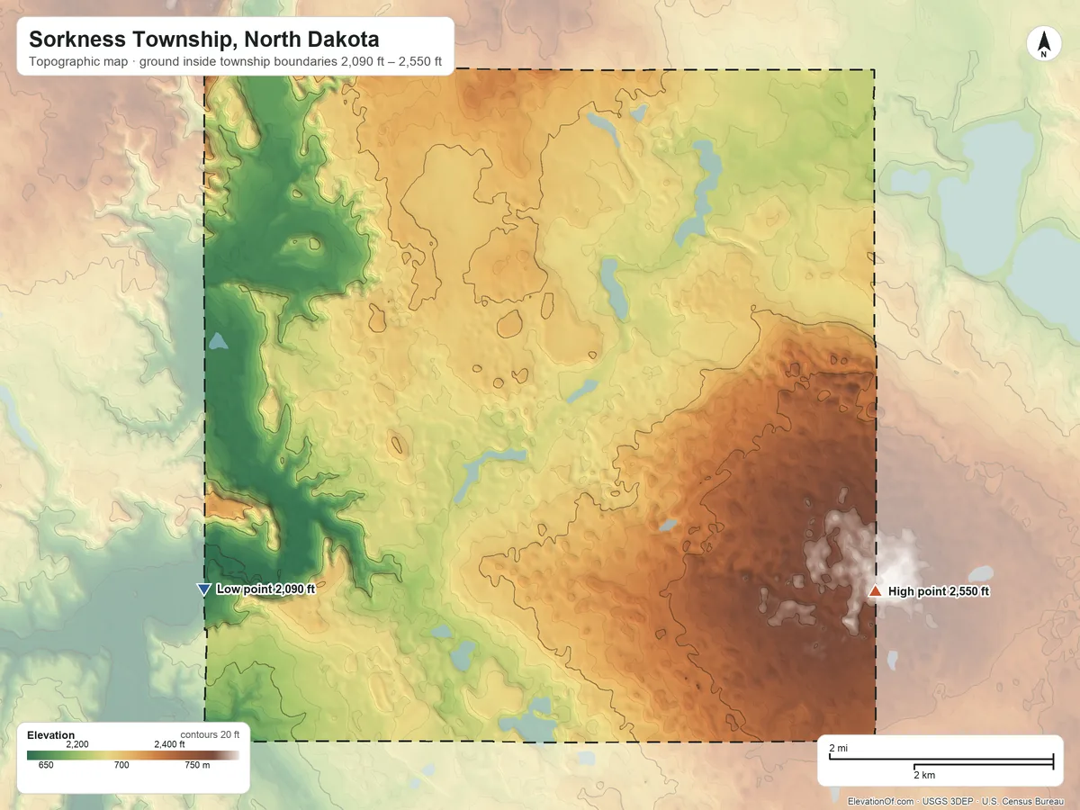 Topographic elevation map of Sorkness Township, North Dakota, shaded from 2,090 ft on the southwest side to 2,550 ft on the southeast side