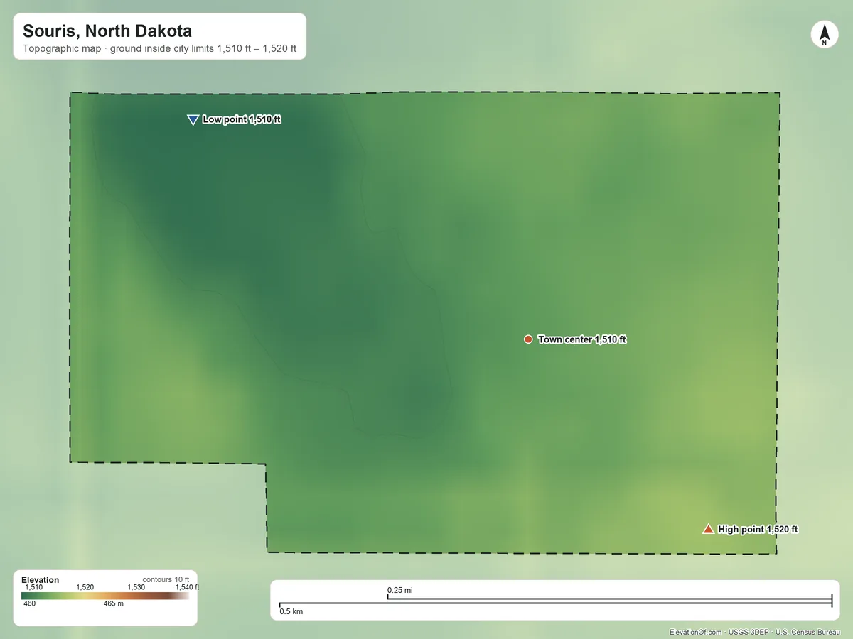 Topographic elevation map of Souris, North Dakota, shaded from 1,510 ft on the northwest side to 1,520 ft on the southeast side