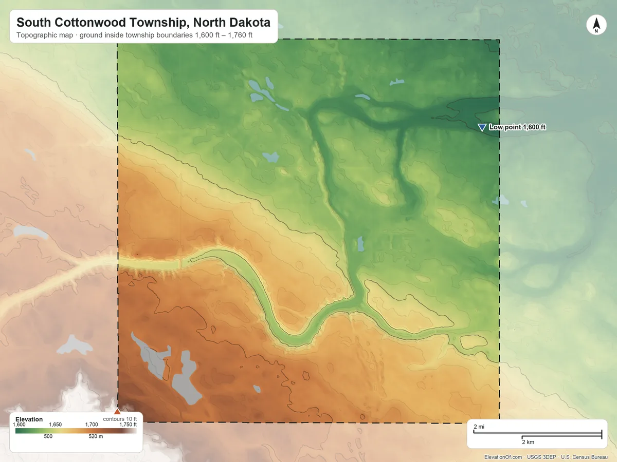 Topographic elevation map of South Cottonwood Township, North Dakota, shaded from 1,600 ft on the northeast side to 1,760 ft on the southwest side