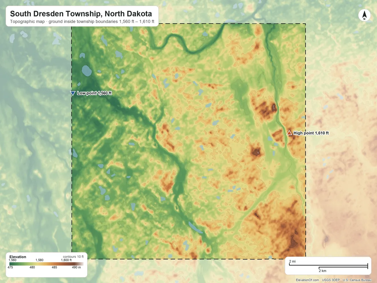 Topographic elevation map of South Dresden Township, North Dakota, shaded from 1,560 ft on the northwest side to 1,610 ft on the northeast side