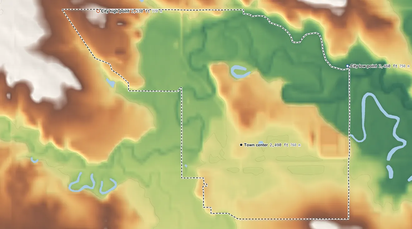 Topographic elevation map of South Heart, North Dakota, shaded from 2,460 ft on the northeast side to 2,530 ft on the northwest side