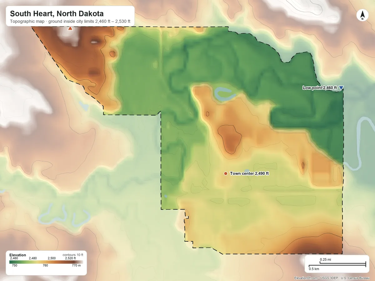 Topographic elevation map of South Heart, North Dakota, shaded from 2,460 ft on the northeast side to 2,530 ft on the northwest side