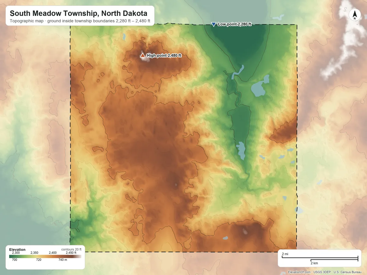 Topographic elevation map of South Meadow Township, North Dakota, shaded from 2,280 ft on the north side to 2,480 ft on the northwest side