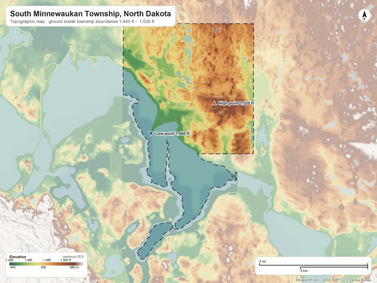 Topographic elevation map of South Minnewaukan Township, North Dakota, shaded from 1,440 ft on the south side to 1,520 ft on the east side