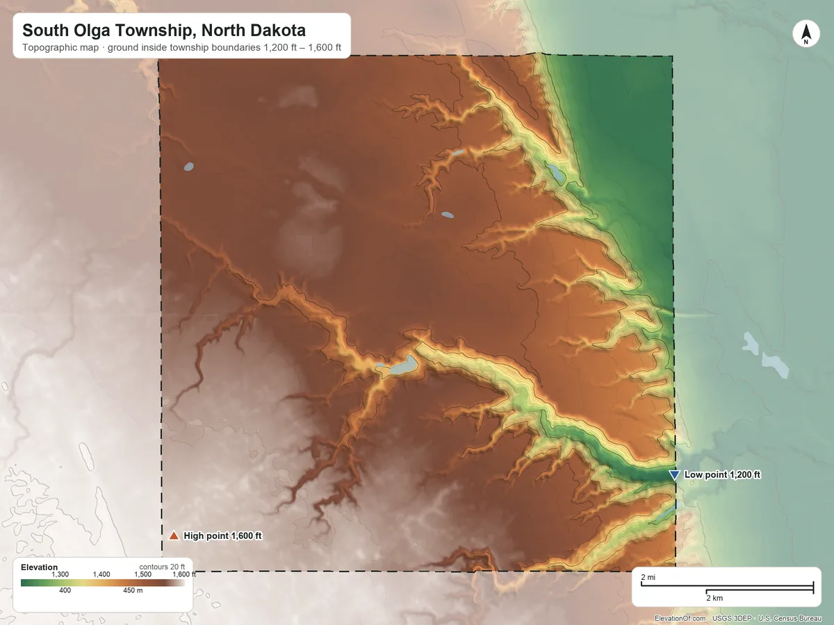 Topographic elevation map of South Olga Township, North Dakota, shaded from 1,200 ft on the southeast side to 1,600 ft on the southwest side