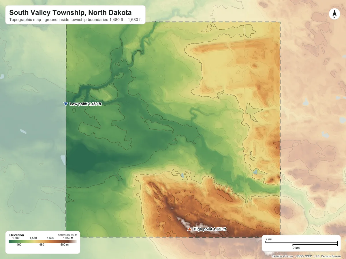 Topographic elevation map of South Valley Township, North Dakota, shaded from 1,480 ft on the northwest side to 1,680 ft on the southeast side