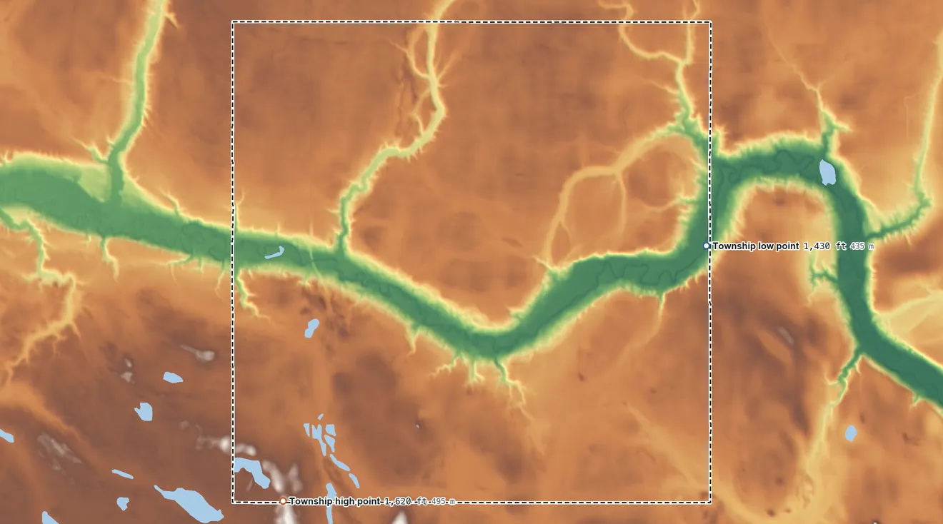 Topographic elevation map of South Viking Township, North Dakota, shaded from 1,430 ft on the east side to 1,620 ft on the southwest side