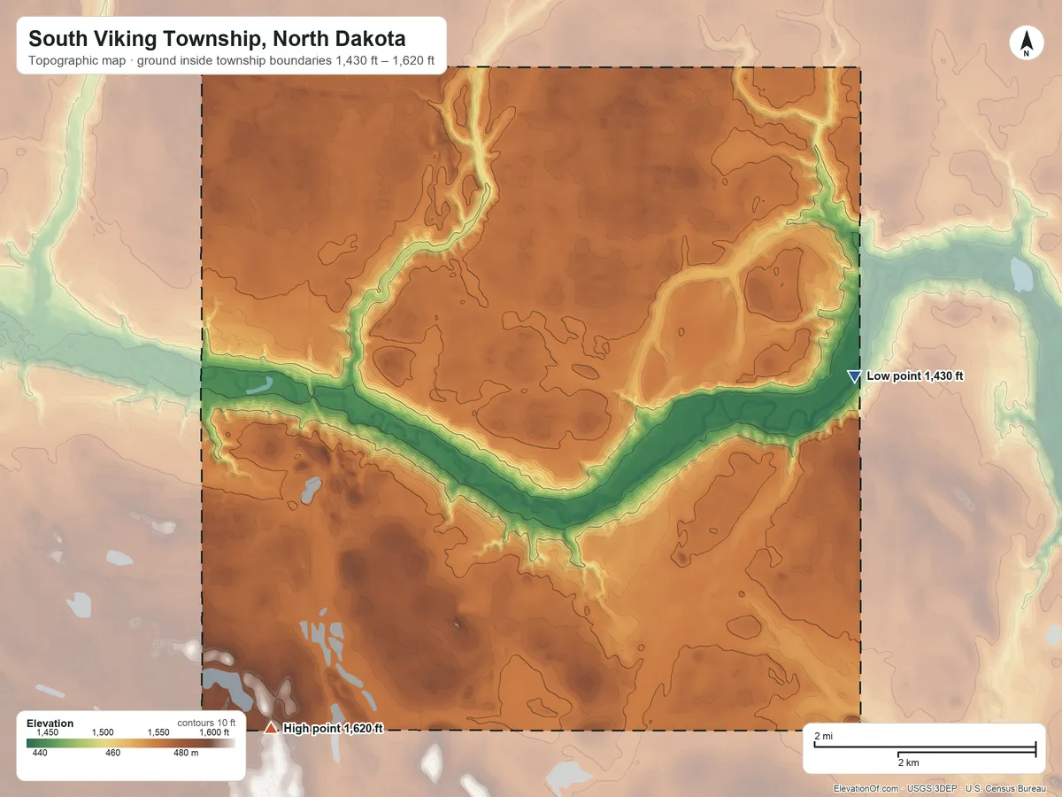 Topographic elevation map of South Viking Township, North Dakota, shaded from 1,430 ft on the east side to 1,620 ft on the southwest side