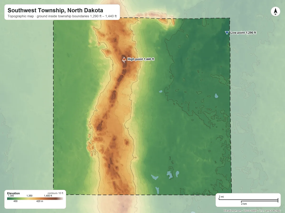 Topographic elevation map of Southwest Township, North Dakota, shaded from 1,290 ft on the northeast side to 1,440 ft on the northwest side