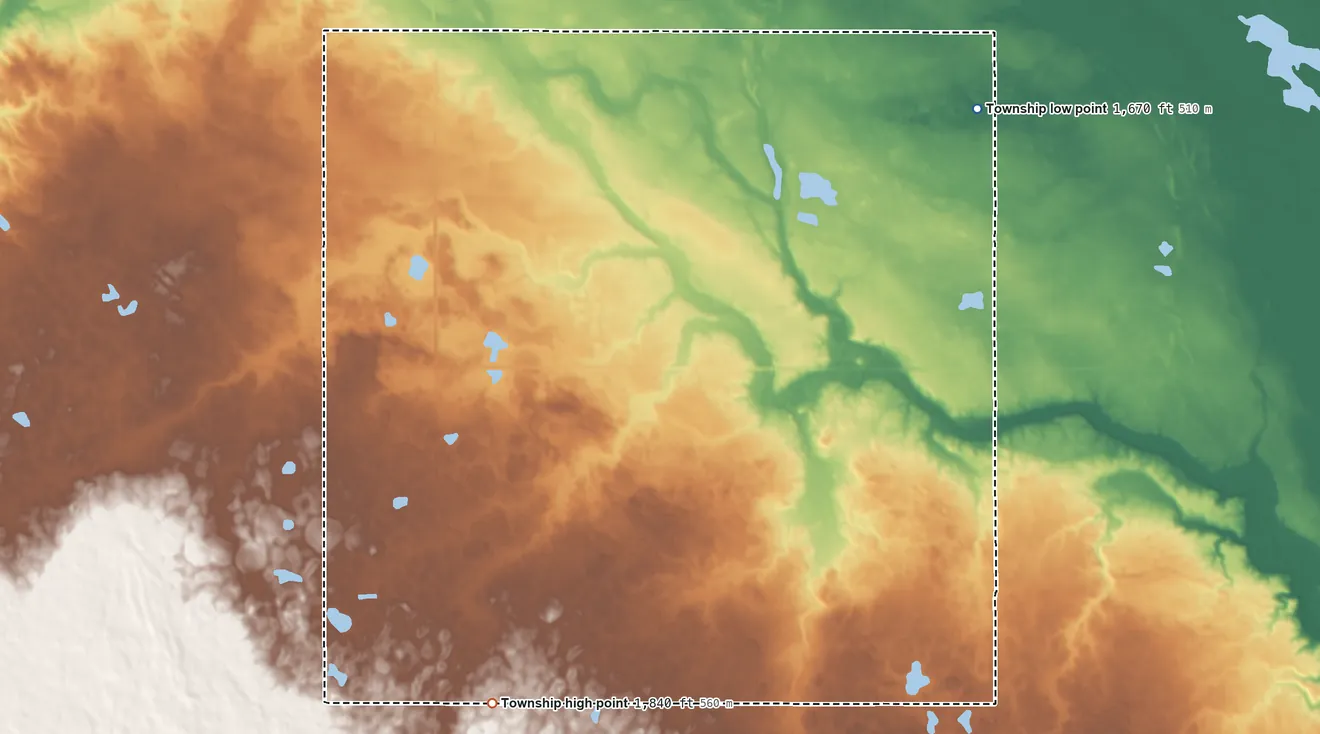 Topographic elevation map of Speedwell Township, North Dakota, shaded from 1,670 ft on the northeast side to 1,840 ft on the south side