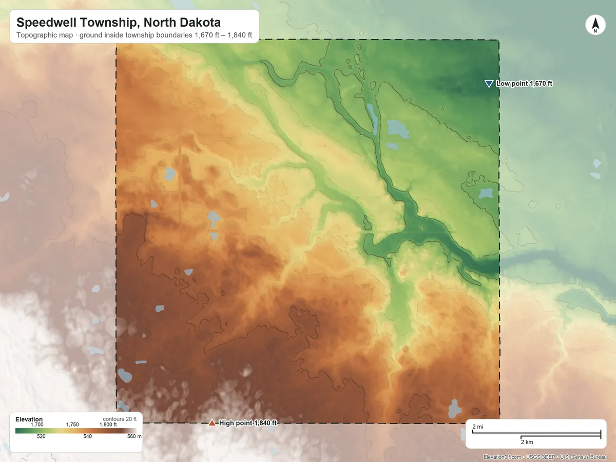 Topographic elevation map of Speedwell Township, North Dakota, shaded from 1,670 ft on the northeast side to 1,840 ft on the south side