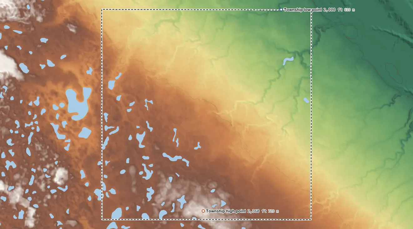 Topographic elevation map of Spencer Township, North Dakota, shaded from 2,000 ft on the northeast side to 2,360 ft on the south side