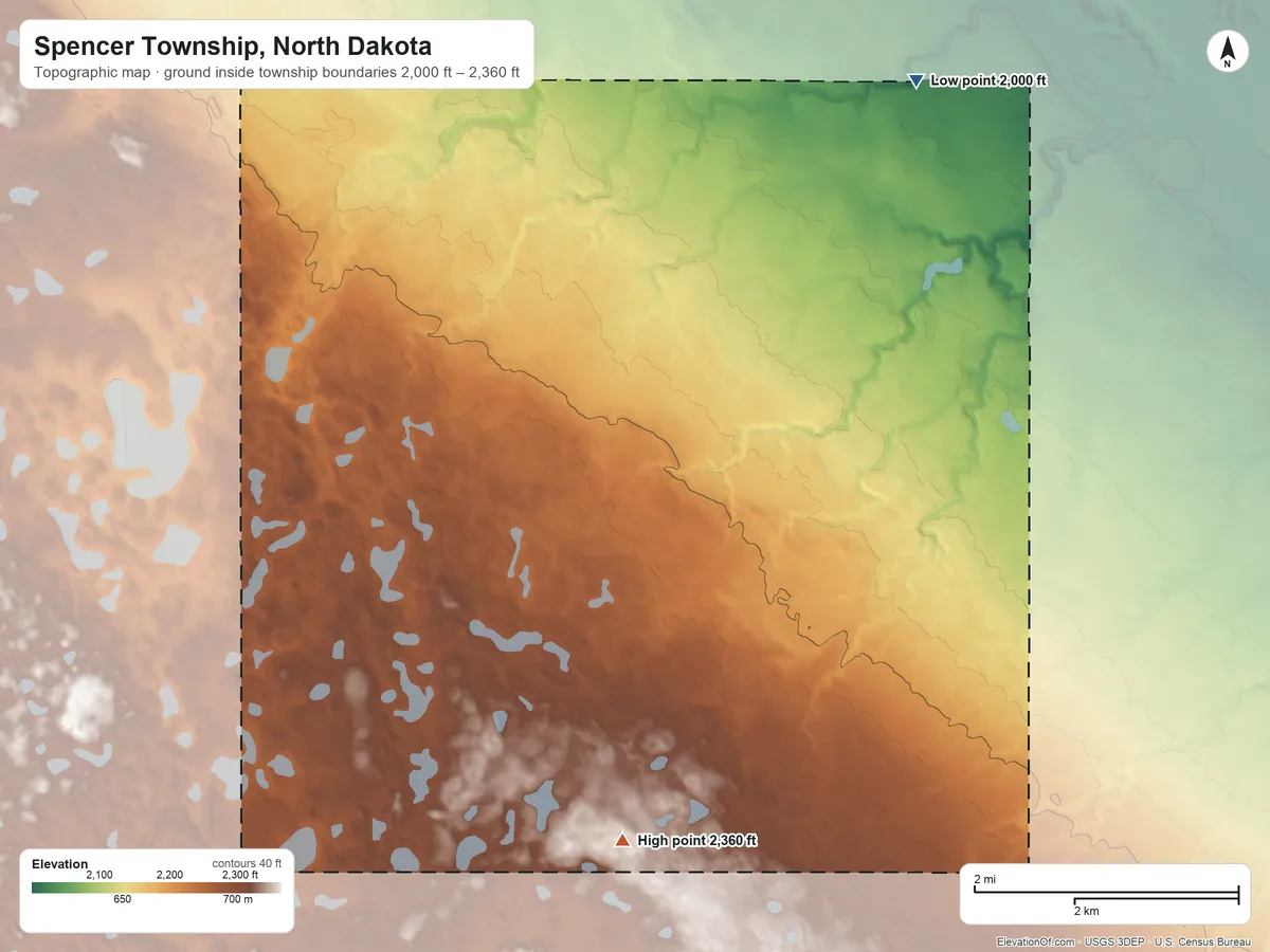 Topographic elevation map of Spencer Township, North Dakota, shaded from 2,000 ft on the northeast side to 2,360 ft on the south side