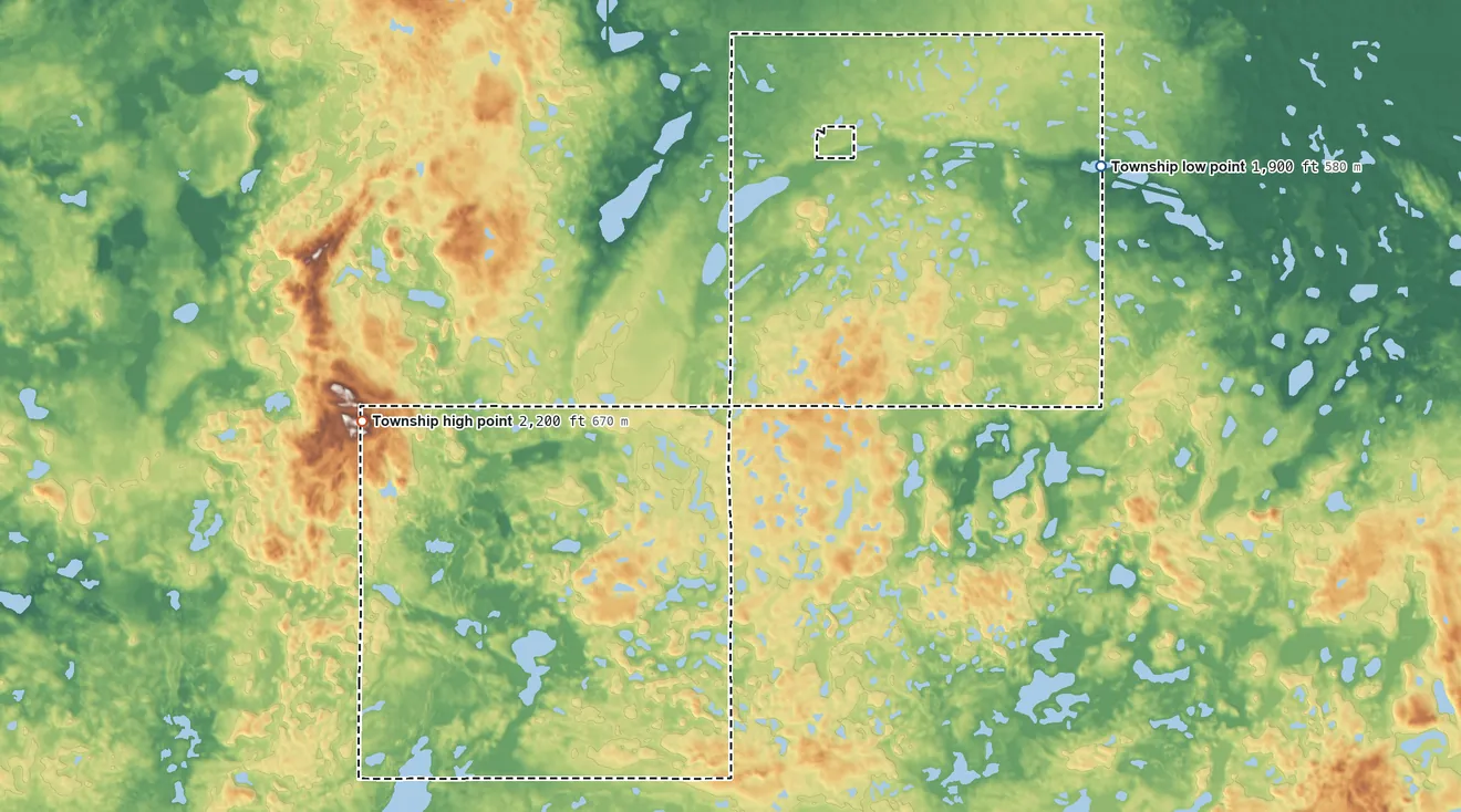 Topographic elevation map of Sperry/Goodrich Township, North Dakota, shaded from 1,900 ft on the northeast side to 2,200 ft on the west side