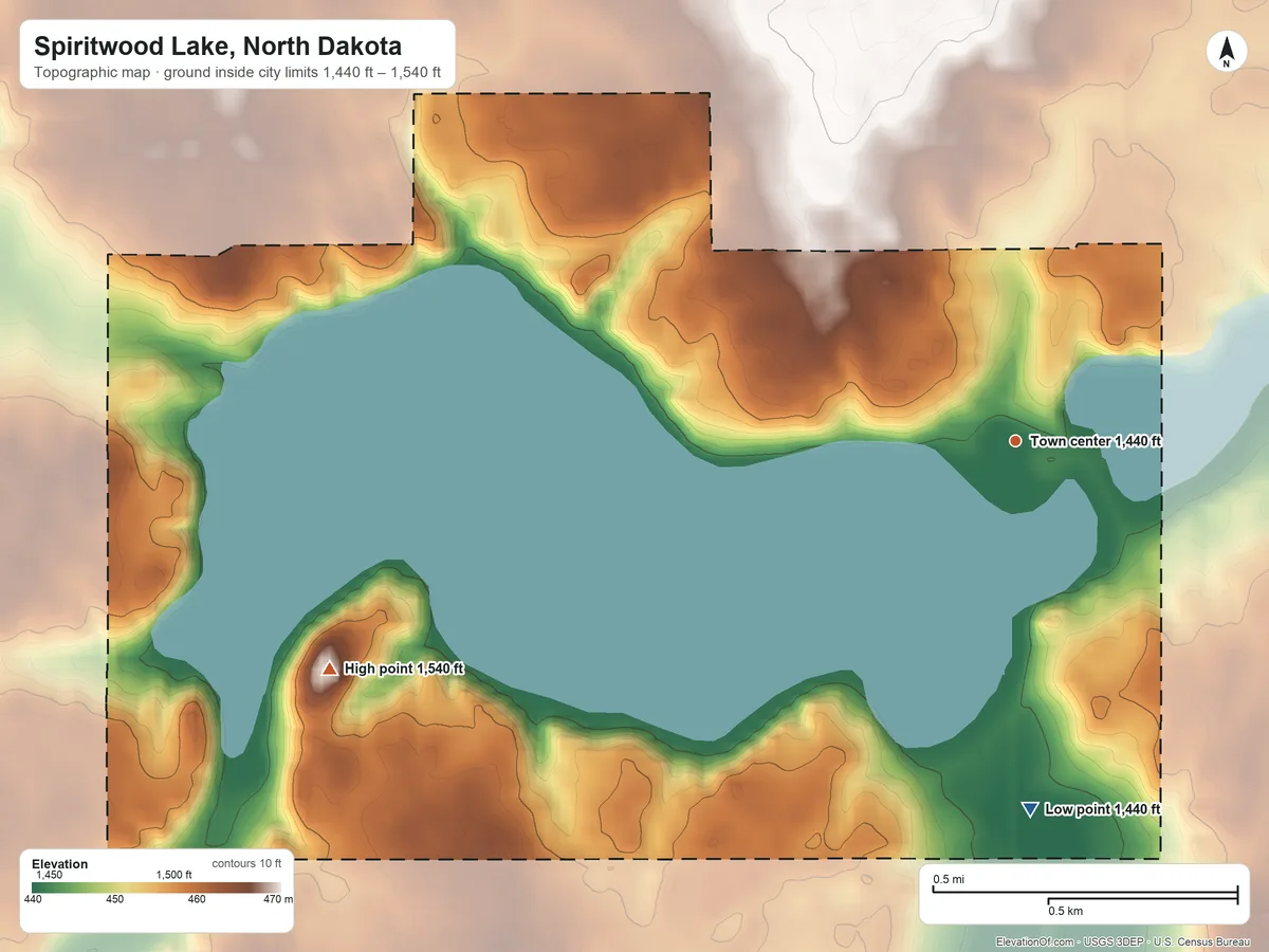 Topographic elevation map of Spiritwood Lake, North Dakota, shaded from 1,440 ft on the south side to 1,540 ft on the west side