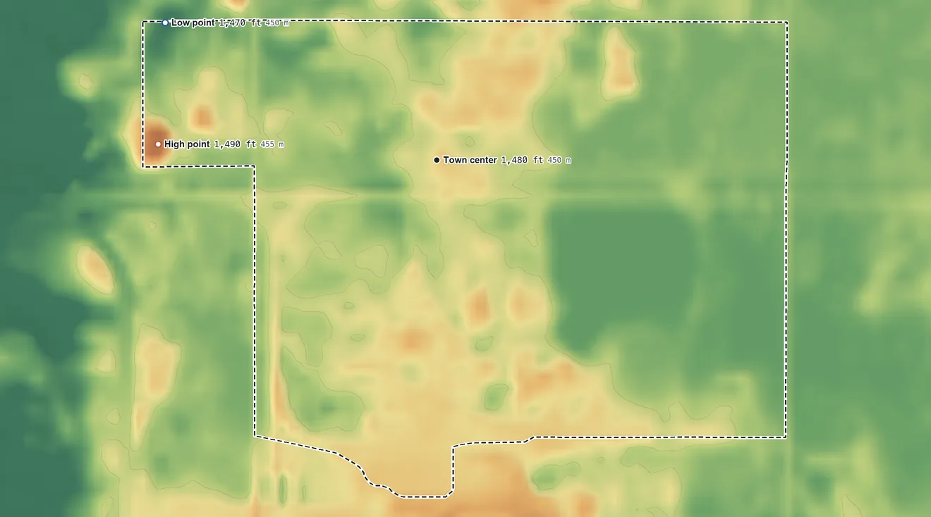 Topographic elevation map of Spiritwood, North Dakota, shaded from 1,470 ft on the northwest side to 1,490 ft on the west side