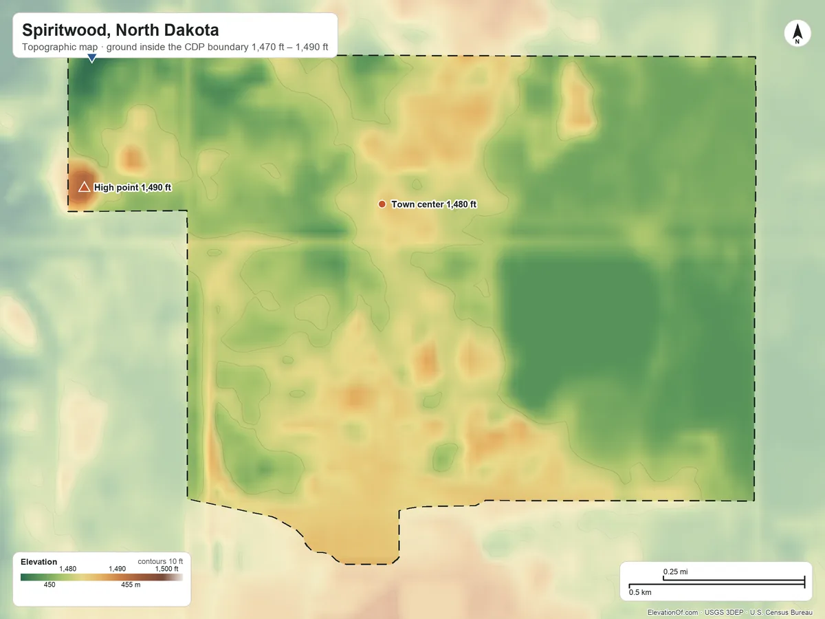 Topographic elevation map of Spiritwood, North Dakota, shaded from 1,470 ft on the northwest side to 1,490 ft on the west side