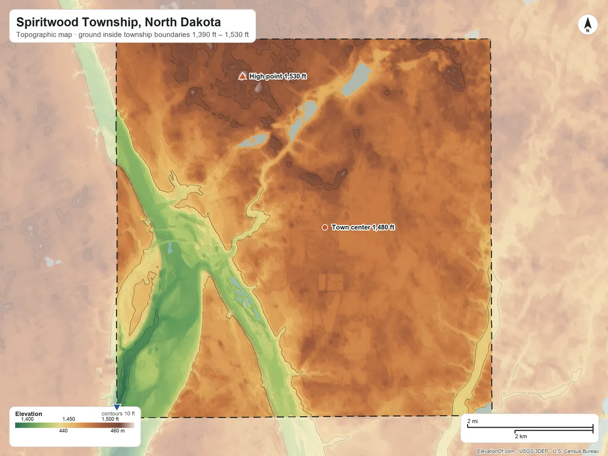 Topographic elevation map of Spiritwood Township, North Dakota, shaded from 1,390 ft on the southwest side to 1,530 ft on the northwest side