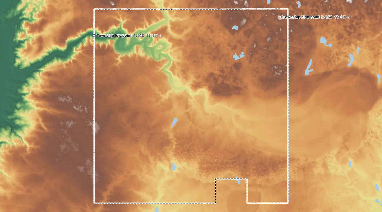 Topographic elevation map of Spring Coulee Township, North Dakota, shaded from 2,010 ft on the northwest side to 2,160 ft on the northeast side