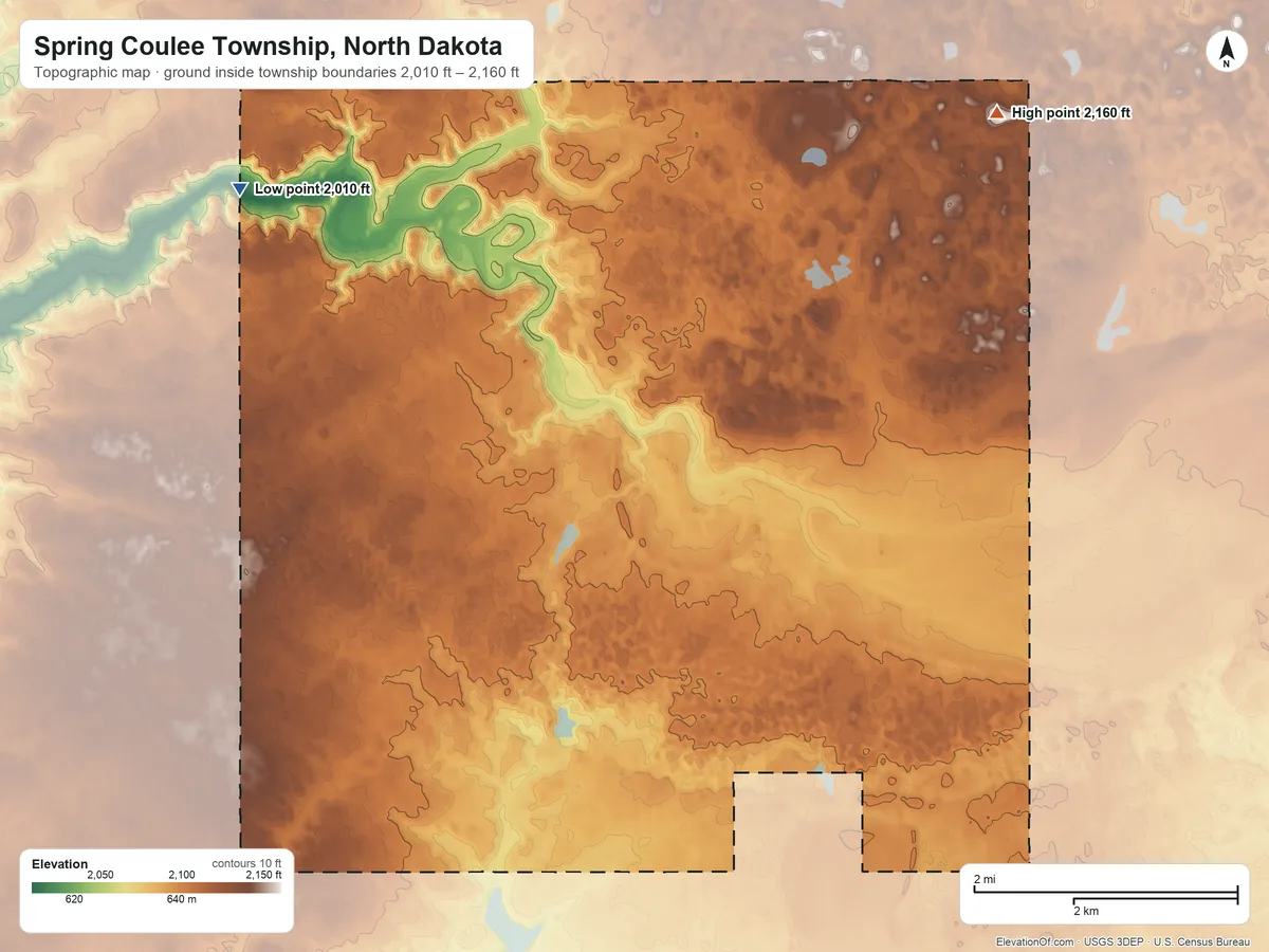 Topographic elevation map of Spring Coulee Township, North Dakota, shaded from 2,010 ft on the northwest side to 2,160 ft on the northeast side