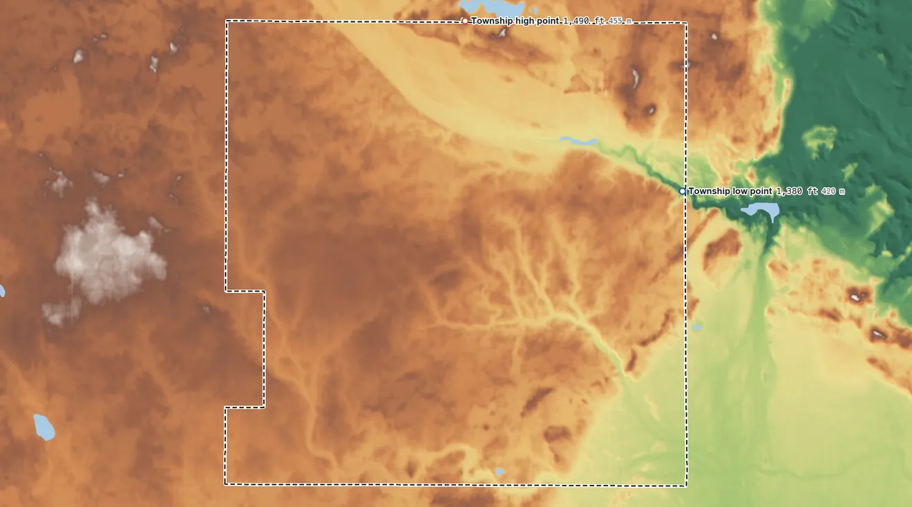 Topographic elevation map of Spring Creek Township, North Dakota, shaded from 1,380 ft on the northeast side to 1,490 ft on the north side