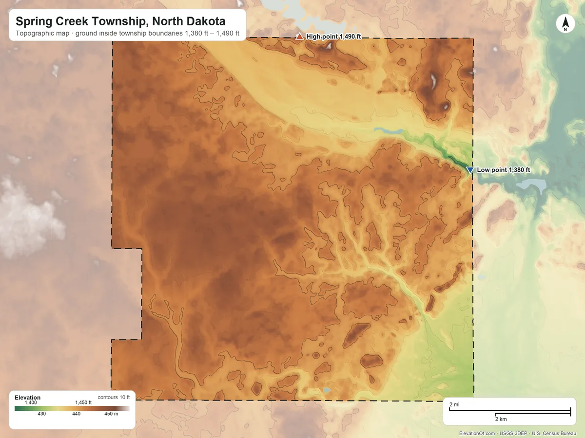 Topographic elevation map of Spring Creek Township, North Dakota, shaded from 1,380 ft on the northeast side to 1,490 ft on the north side