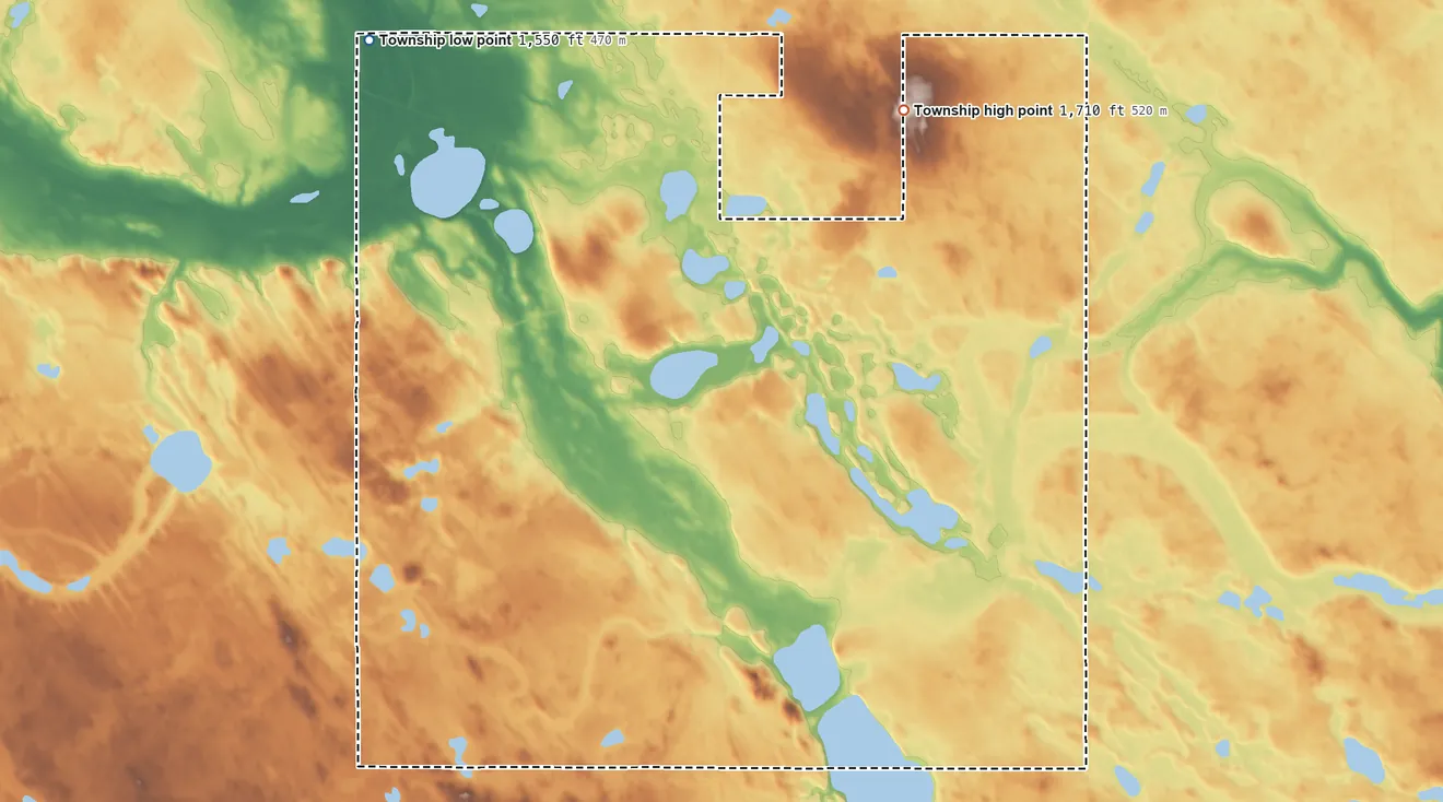 Topographic elevation map of Spring Grove Township, North Dakota, shaded from 1,550 ft on the northwest side to 1,710 ft on the northeast side