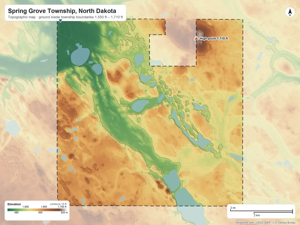 Topographic elevation map of Spring Grove Township, North Dakota, shaded from 1,550 ft on the northwest side to 1,710 ft on the northeast side