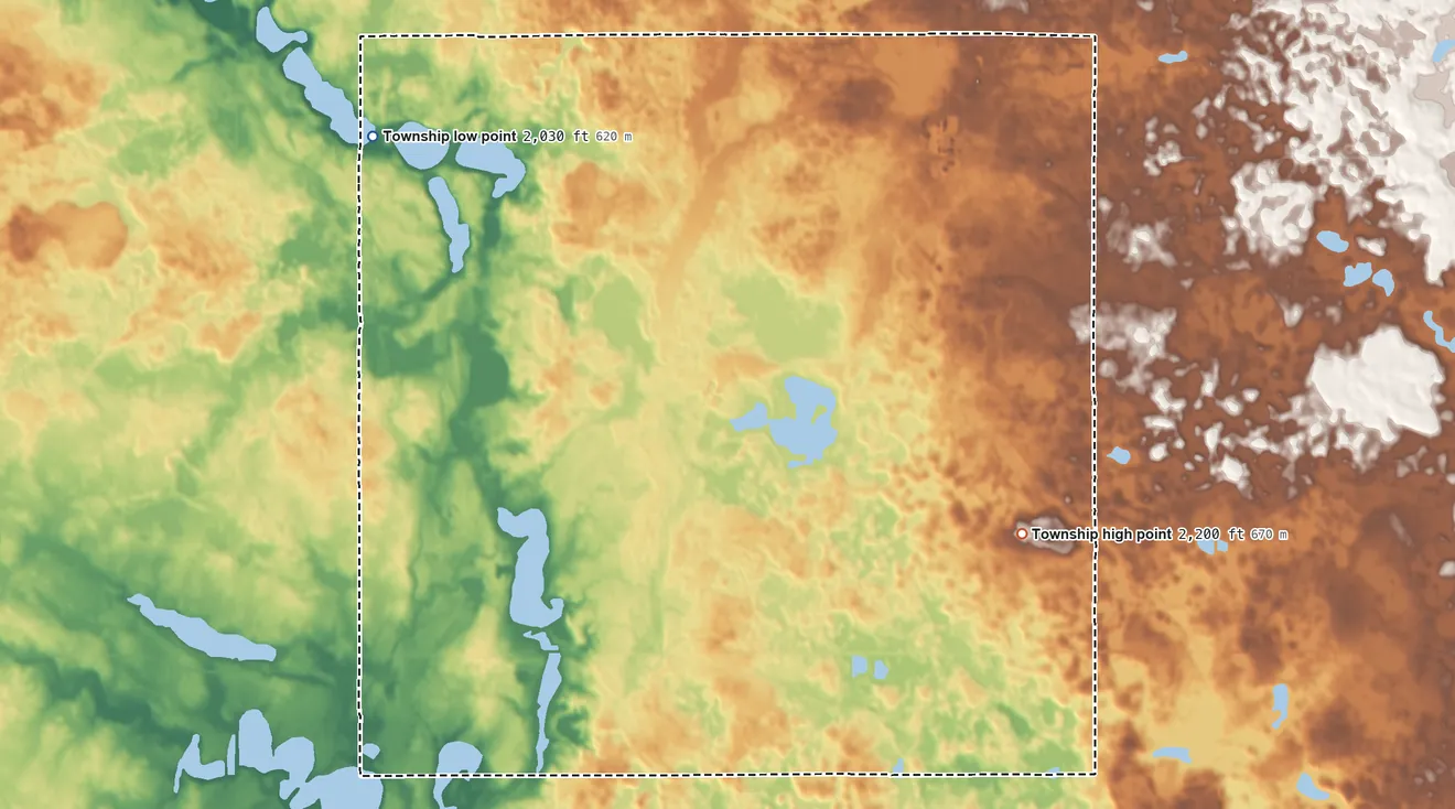 Topographic elevation map of Spring Lake Township, North Dakota, shaded from 2,030 ft on the northwest side to 2,200 ft on the east side
