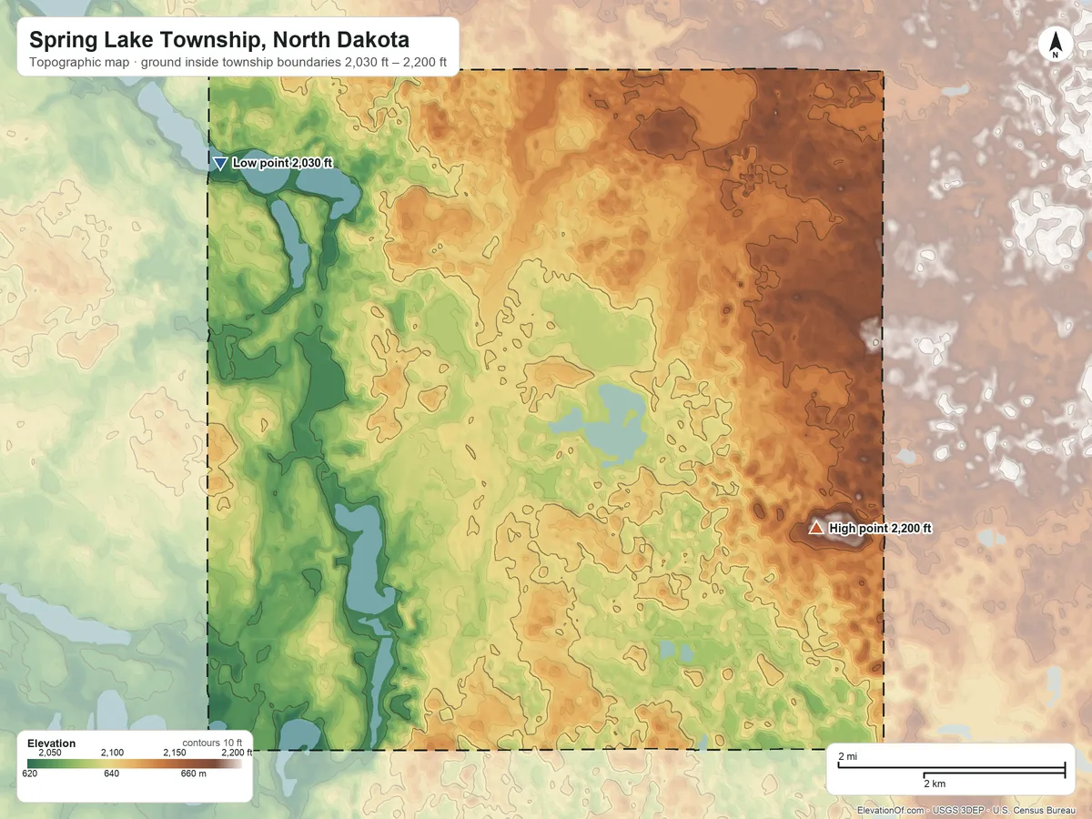 Topographic elevation map of Spring Lake Township, North Dakota, shaded from 2,030 ft on the northwest side to 2,200 ft on the east side