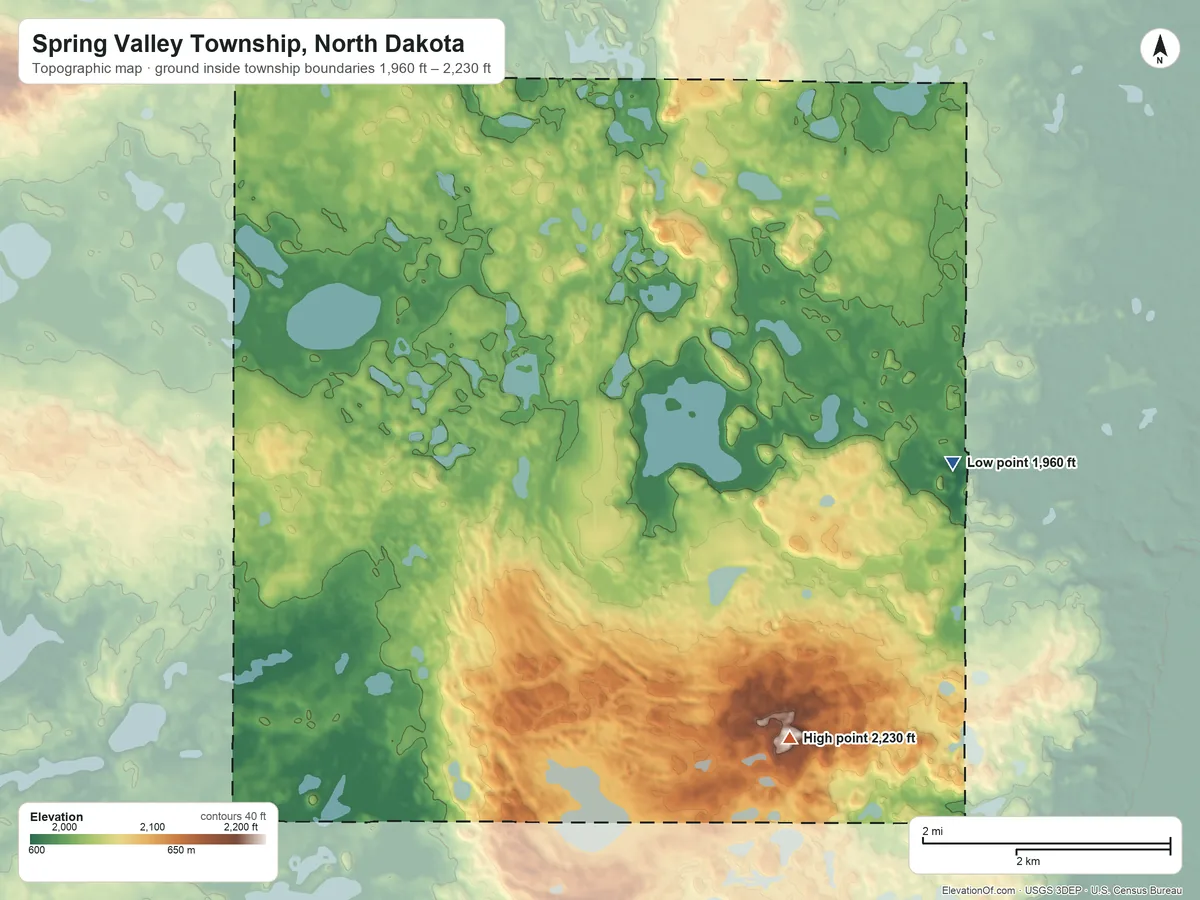 Topographic elevation map of Spring Valley Township, North Dakota, shaded from 1,960 ft on the northeast side to 2,230 ft on the east side