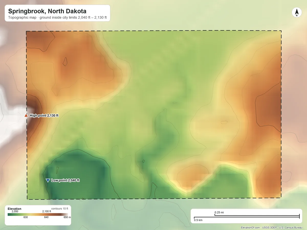Topographic elevation map of Springbrook, North Dakota, shaded from 2,040 ft on the southwest side to 2,130 ft on the west side